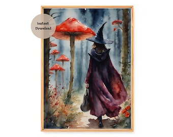 Witch in Magical Woods Watercolor Print: Cottagecore Altar Decor (Download Only)