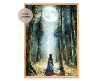 MOON BATHING ~ Altar Print (Hd download only) ~ Witchy Watercolour Pagan Fairytale Witch Art Decor Download ~ A Meeting with the Goddess