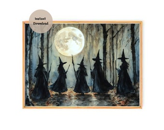 ESBAT ~ WITCHES Coven Meeting in the Woods ~ Altar Print (download only) ~ Witchy Watercolour Wall Art Decor ~ Full Moon Artwork by Lyra
