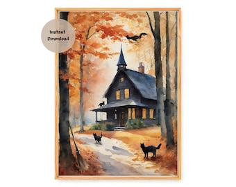 Impresión de acuarela de brujas: Casa de Salem, Arte de Altar de Gatos Negros (Descarga digital)