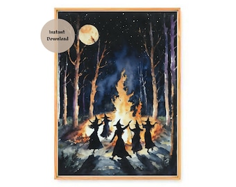 FIRE DANCE ~ WITCHES Coven Meeting in the Woods ~ 7X5" Altar Print (download only) ~ Witchy Watercolour Wall Art Decor for Beltane | Samhain