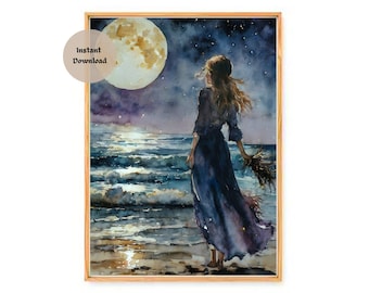 DRAWN To The MOON ~ HD Altar Print (download only) ~ Witchy Goddess Pagan Spiritual Watercolour Art Painting | Printable Wall Art