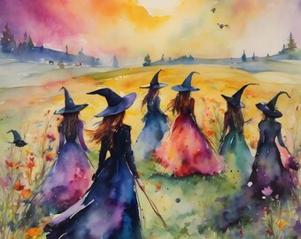 MIDSUMMER WITCHES GATHER ~ 7X5" Altar Print (download only) ~ Witchy Watercolour Art ~ Summer Solstice Litha Pagan Festival