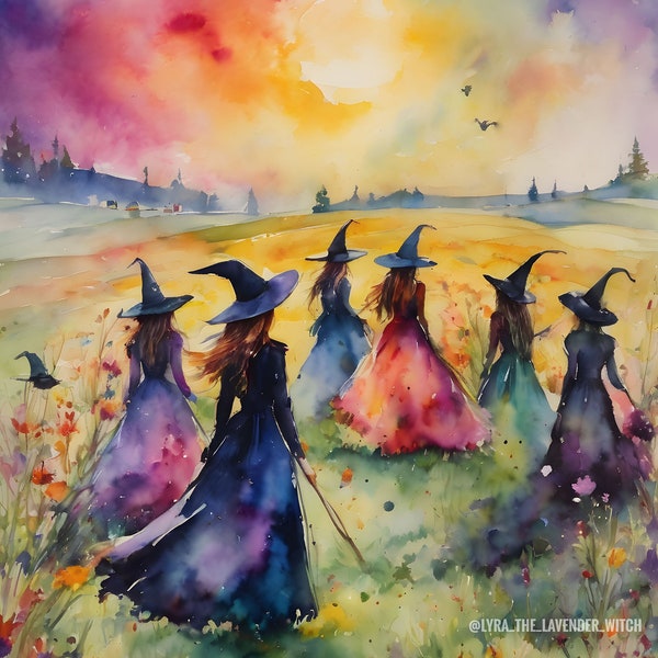 MIDSUMMER WITCHES GATHER ~ 7X5" Altar Print (download only) ~ Witchy Watercolour Art ~ Summer Solstice Litha Pagan Festival