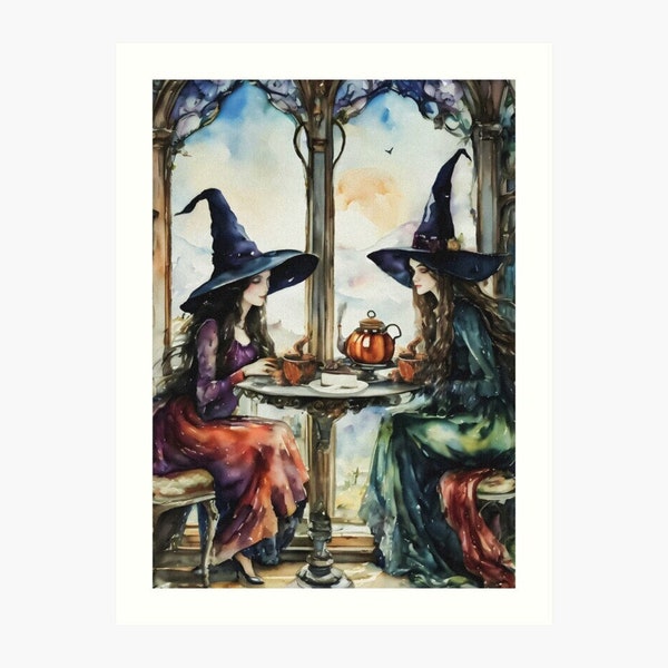 WITCH FRIENDS Catching Up ~ 7X5" Altar Print (download only) ~ Witchy Sisters Drink Tea Coven Wicca Watercolour Art Download Printable