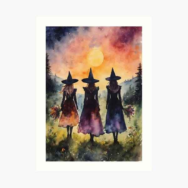 LAS TRES HERMANAS ~ Impresión de altar de 7X5" (solo descarga) ~ Arte de acuarela bruja Descargar imprimible Aquelarre de brujas Solsticio de verano pagano