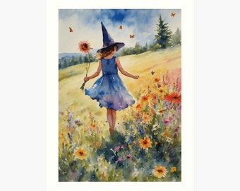 LITTLE SUMMER WITCH ~ 7X5" Altar Print (download only) ~ Witchy Watercolour Art ~ Summer Solstice Midsummer Litha Pagan Festival