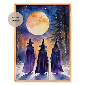 Three Wise Witches Watercolor Art Print: Yuletide Altar Card (Digital Download)