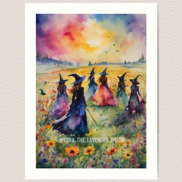 MIDSUMMER WITCHES GATHER ~ 7X5" Altar Print (download only) ~ Witchy Watercolour Art ~ Summer Solstice Litha Pagan Festival