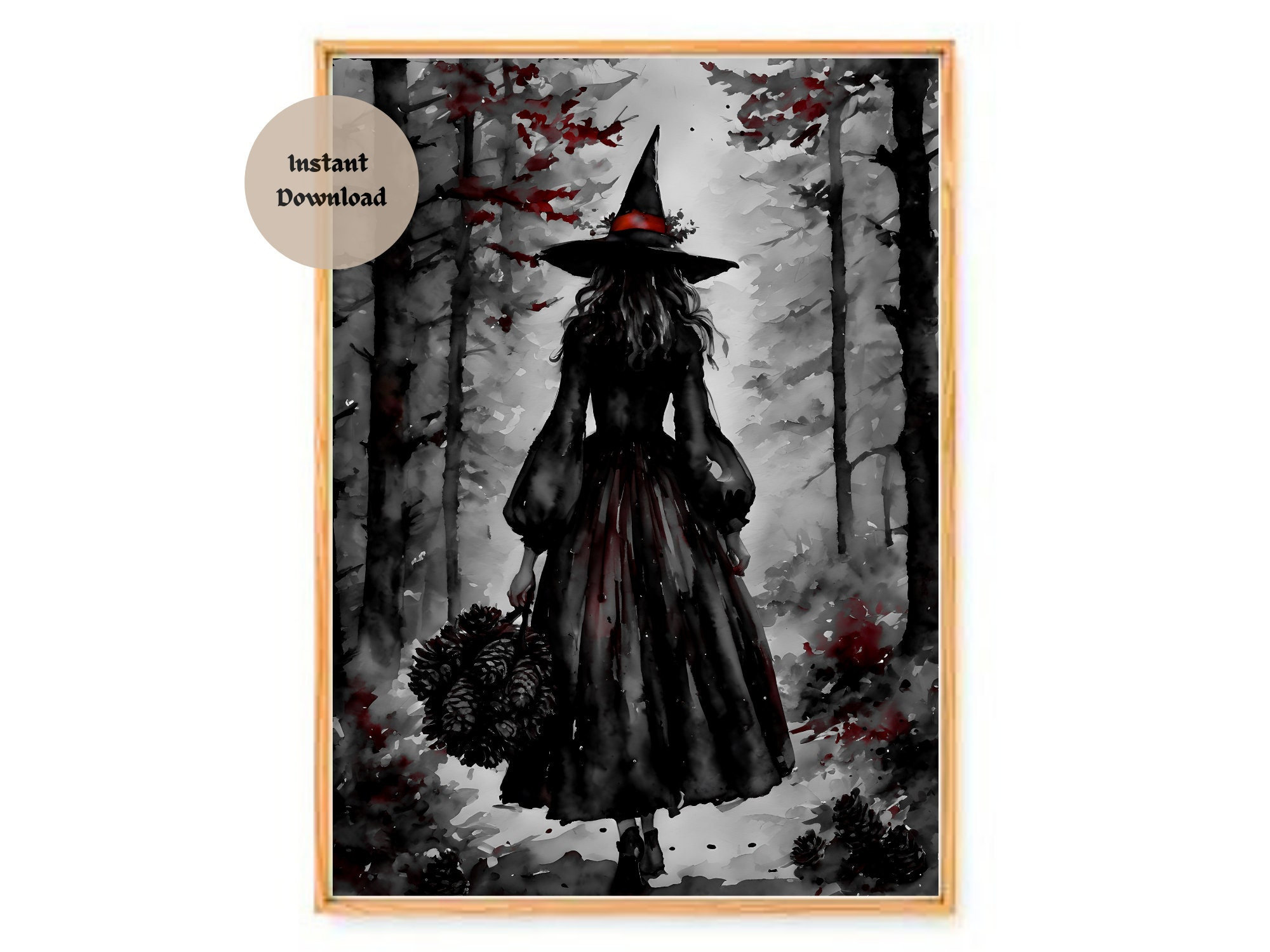 Autumn Witch in THE DARKLING WOODS ~ 7X5" Altar Print (download only) ~ Witchy Fairytale Gothic Watercolour Art Painting