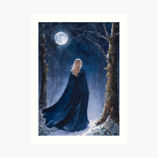 Winter Maiden of the Moon ~ 7X5" Altar Print (download only) ~ Witchy Watercolour Art, Fairytale Witchy Art Print