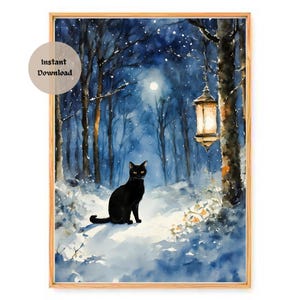 Black Cat in a Winter Forest at Twilight (Hd download only) ~ Yule Art Print by Lyra the Lavender Witch | Festive Winter Scene Wall Decor