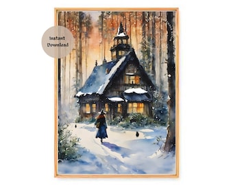 Witchy Winter Cottage Watercolor Art Print (Download Only)