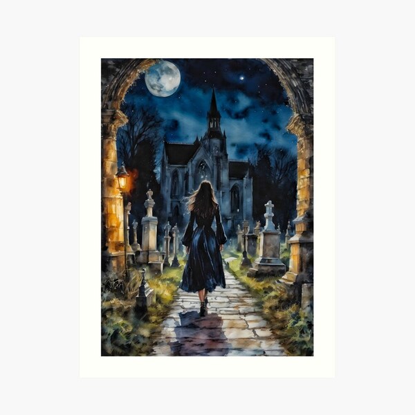 HER FAVOURITE PLACE ~ (A Gothic Cemetery) ~ 7X5" Altar Print (download only) ~ Witchy Watercolour Art