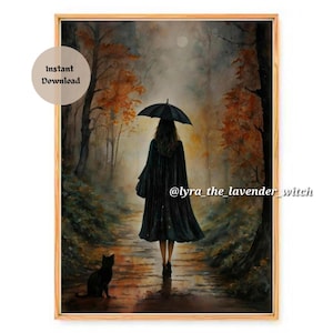 Witch and Cat Watercolor Art Print: Rainy Autumn Night (Digital Download)