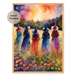 May include: Five witches in colourful robes and pointed hats walk through a field of flowers towards a sunset. The sky is a vibrant mix of pink, orange, and purple.