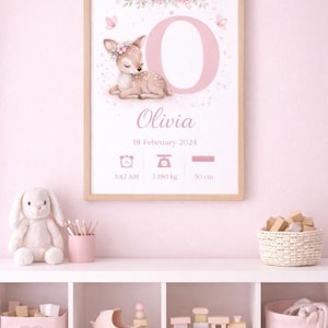 Baby Girl Birth poster personalized | Custom Name Nursery Print | Birth Stats Wall Art Girl | Newborn Gift Idea