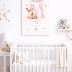 Baby Girl Birth Stats Print Personalized, Custom Name Nursery Wall Art, Floral Deer Baby Poster, Newborn Girl Gift, Baby Girl Nursery Decor