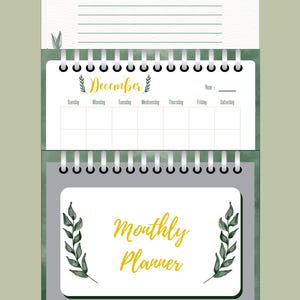 May include: A watercolor-style monthly planner with a green and white design. The top section has space for notes. The December calendar is displayed, with a "Monthly Planner" title at the bottom. The months of the year are listed at the bottom.