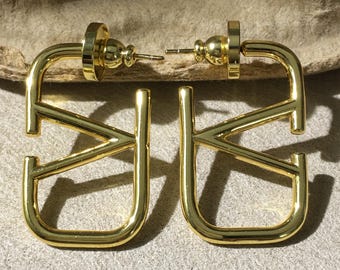 Valentino Gold Tone Hollow Double Letter Vintage Earrings