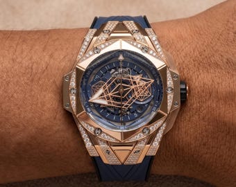 Montre chronographe squelette Hublot Big Bang Sang Bleu II en or rose avec lunette en diamant Bracelet en caoutchouc bleu 45 mm
