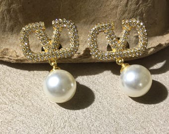 Valentino Gold Tone Rhinestone Pearl Double Letter Vintage Earrings