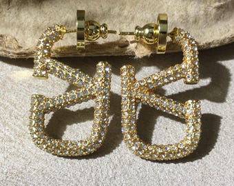 Valentino Gold Tone Full Paved Rhinestone Double Letter Vintage Earrings