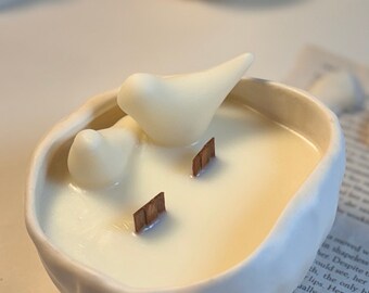 Handmade Bird Soy Candle | Jesmonite Vessel, Wood Wick, Custom Scent