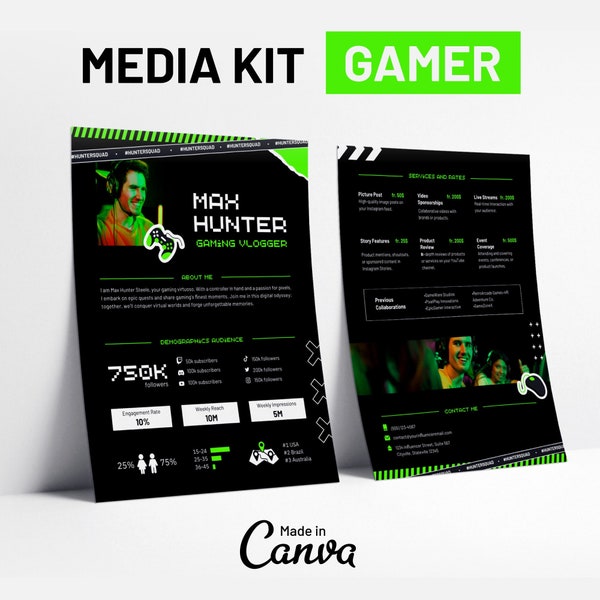 Modèle Canva pour kit média pour joueur • Kit média numérique pour influenceurs • Grille tarifaire modifiable • Kit de presse gaming