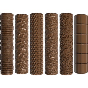 May include: Six brown cylindrical objects with different textures. The textures include brick, rough stone, tire tread, cracked mud, and a grid pattern. The objects are all the same height and width.