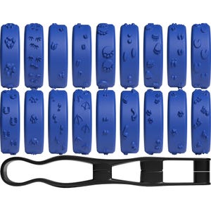 May include: A set of eighteen blue cylindrical rollers, each featuring unique embossed animal track patterns, arranged in two rows above a black plastic handle tool designed to hold and rotate the rollers for creating impressions.