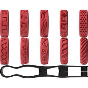 May include: A set of ten red cylindrical clay rollers featuring various embossed patterns including geometric lines, spirals, waves, and dots, accompanied by a black plastic handle designed to hold and rotate the rollers for imprinting textures.
