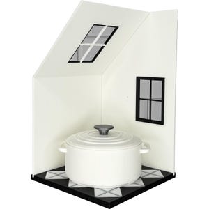 May include: A white enameled cast iron pot with a gray knob sits inside a miniature house model. The house has a white exterior, black window frames, and a black and white checkered floor. The house has a pitched roof.