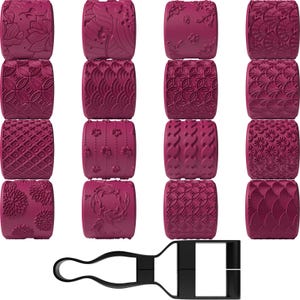 May include: A collection of burgundy-colored rolling pins with various embossed patterns, including floral, geometric, and wave designs. A black handle is included. These tools are likely for baking or crafting, offering textured surfaces for decorative effects.