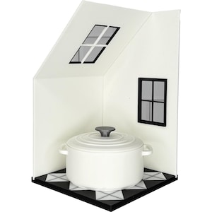 May include: A white round lidded pot with a gray knob sits on a black and white tiled floor inside a white structure featuring a slanted roof with a skylight and a side wall with a rectangular window frame. The scene is a miniature display.