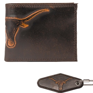 Cartera de cuero plegable universitaria para hombre de Texas Longhorns - Llavero de Texas - Regalo para fanáticos de Texas - Juego de regalo de Longhorns - Cartera UT Hook Em