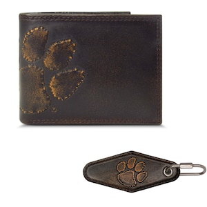 Cartera de cuero plegable universitaria para hombre de Clemson Tigers - Llavero de Clemson - Regalo para fanáticos de Clemson - Juego de regalo de los Tigers - Cartera de Clemson