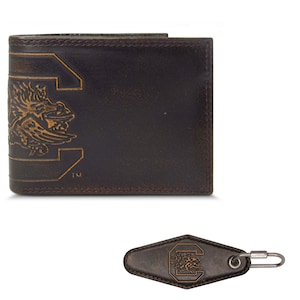 Cartera de cuero plegable universitaria para hombre de South Carolina Gamecocks - Combinación de llavero - Regalo para fanáticos de Carolina - Juego de regalo de USC - Cartera Carolina