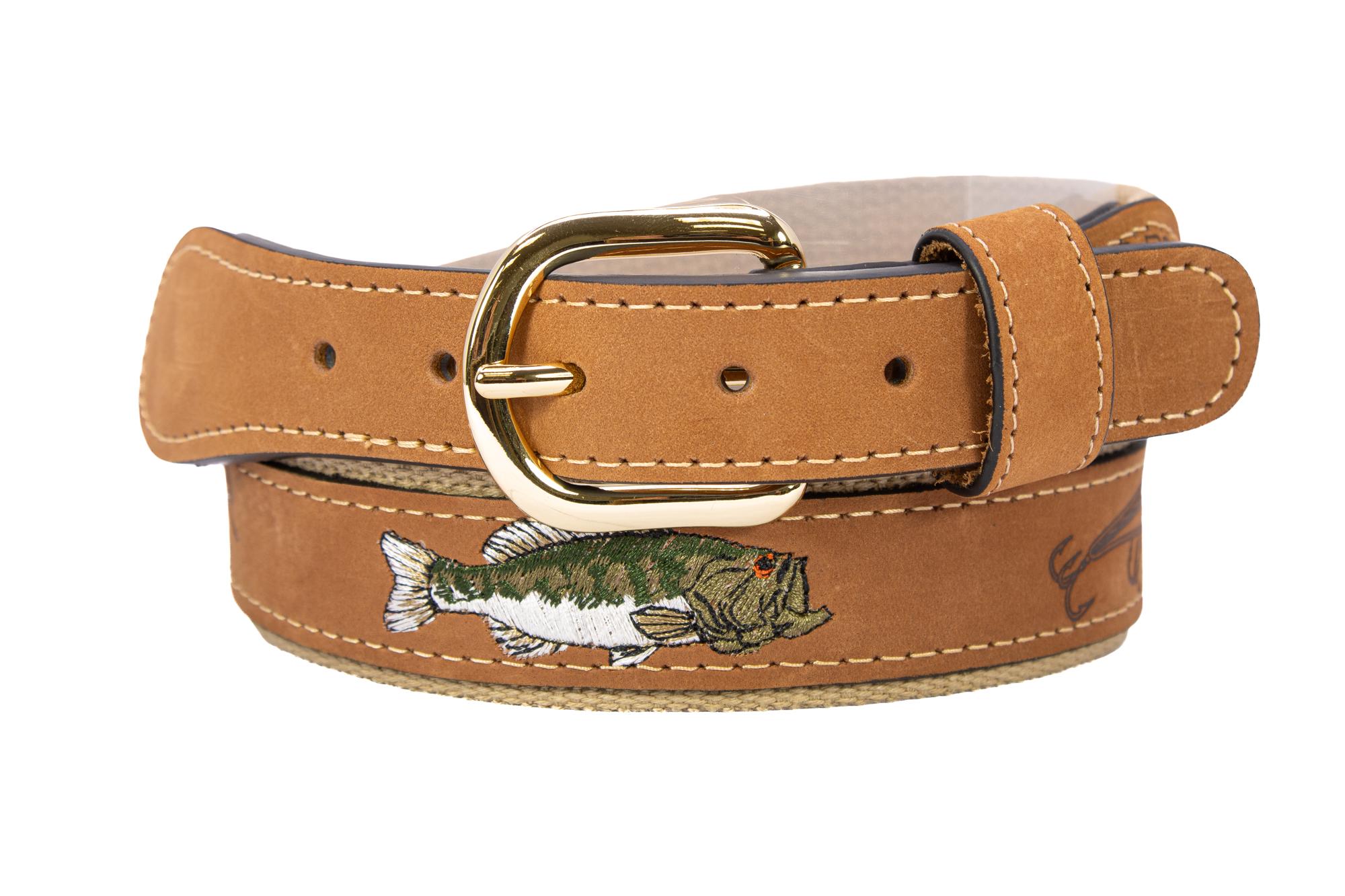 Bass Embroidered Nubuck Leather Belt. Tan Full Grain Leather 