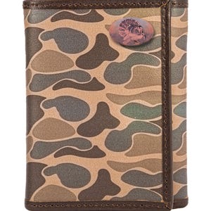 Cartera de cuero con tres pliegues y diseño de camuflaje de la vieja escuela para hombre de Turkey. Cuero de grano completo con logotipo de cobre antiguo