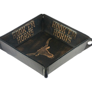 Texas Longhorns Men&#39;s Collegiate Valet Tray, Catch-all, Desk Organizer, Nightstand Tray. Brown Burnished Full Grain Leather Finish.