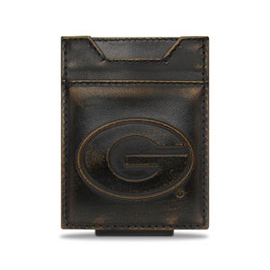 Cartera de cuero con bolsillo frontal magnético para hombre de Georgia Bulldogs. Acabado marrón bruñido de grano completo con logotipo grande grabado en relieve