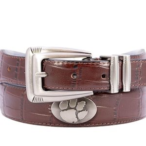 Clemson Tigers Men&#39;s Collegiate Leather Belt. Clemson Gift. Tigers Merch . Brown Croc Pattern Full Grain Finish With Metal Emblem Conchos.
