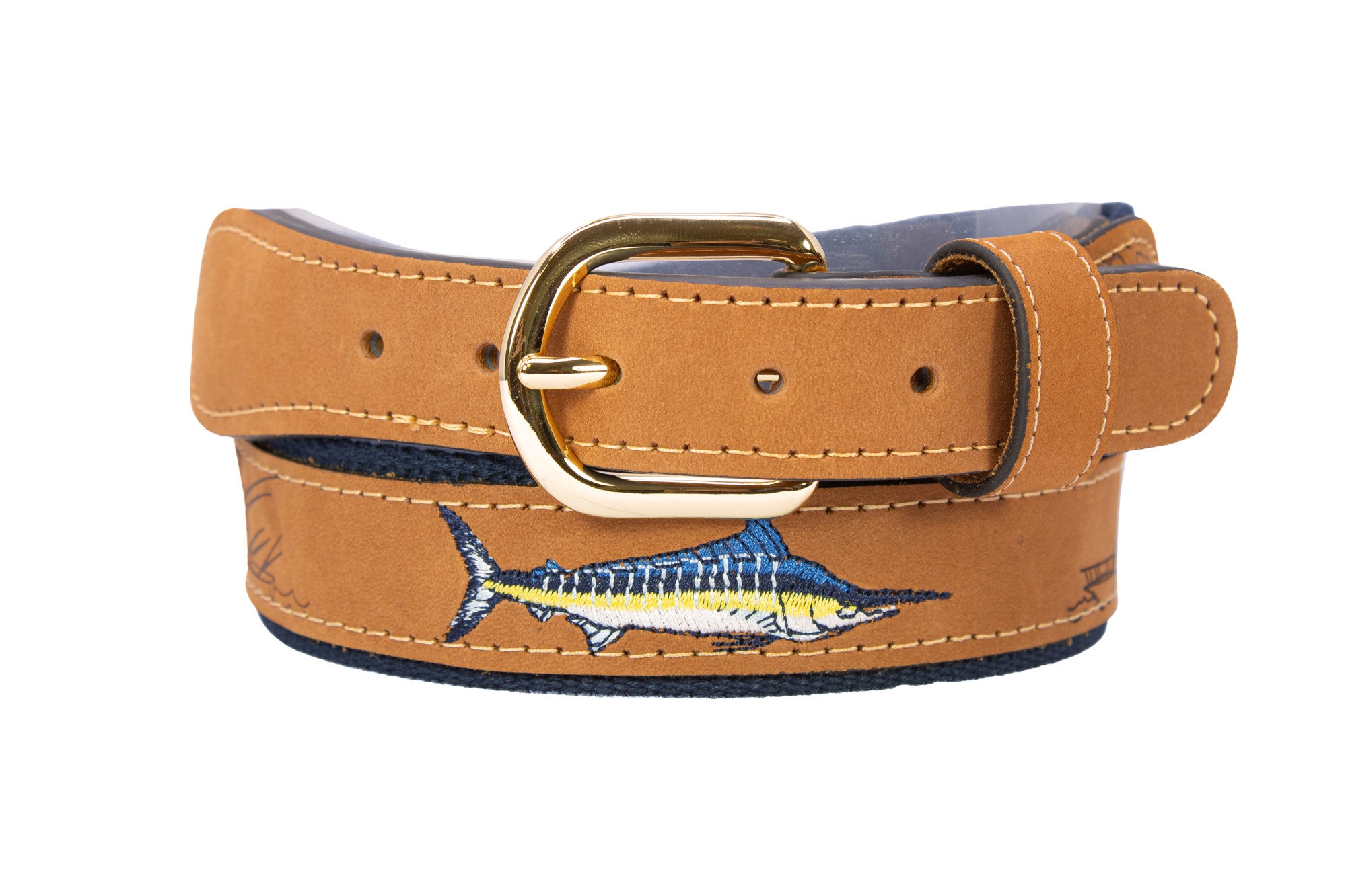Marlin Embroidered Nubuck Leather Belt. Tan Full Grain  display picture 1