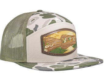 Duck Call Hunting Woven Patch Old School Camo Hat. 7-Panel Richardson 168 Trucker Snapback Cap