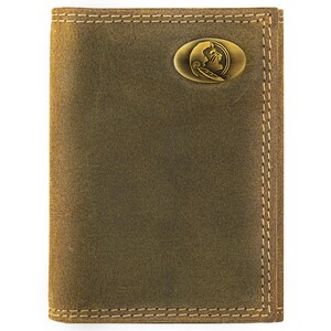 Cartera de cuero triple plegable para hombre FSU Seminoles. Cuero de plena flor color canela vintage con logotipo de latón antiguo
