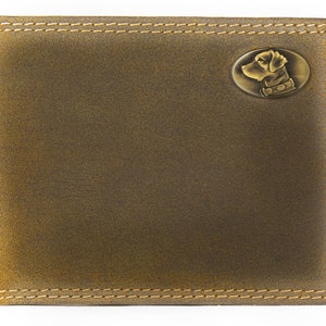 Cartera de cuero plegable Lab para hombre. Cuero de plena flor color canela vintage con logotipo de latón antiguo