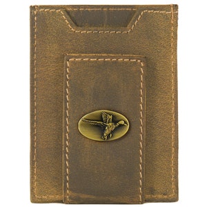 Cartera de cuero con bolsillo frontal magnético para hombre de Mallard. Cuero de grano completo color canela vintage con logotipo de latón antiguo