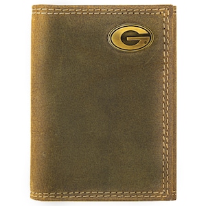 Cartera de cuero triple colegiada para hombre Georgia Bulldogs. Cuero de plena flor color canela vintage con logotipo de latón antiguo