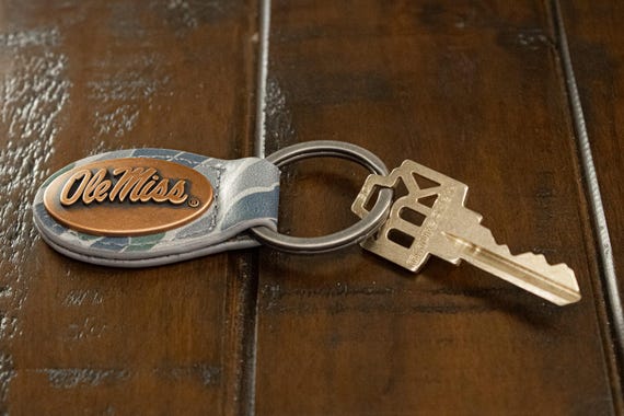 Ole Miss Rebels Oval Camo Leather Key Fob. Split Ring and Durable